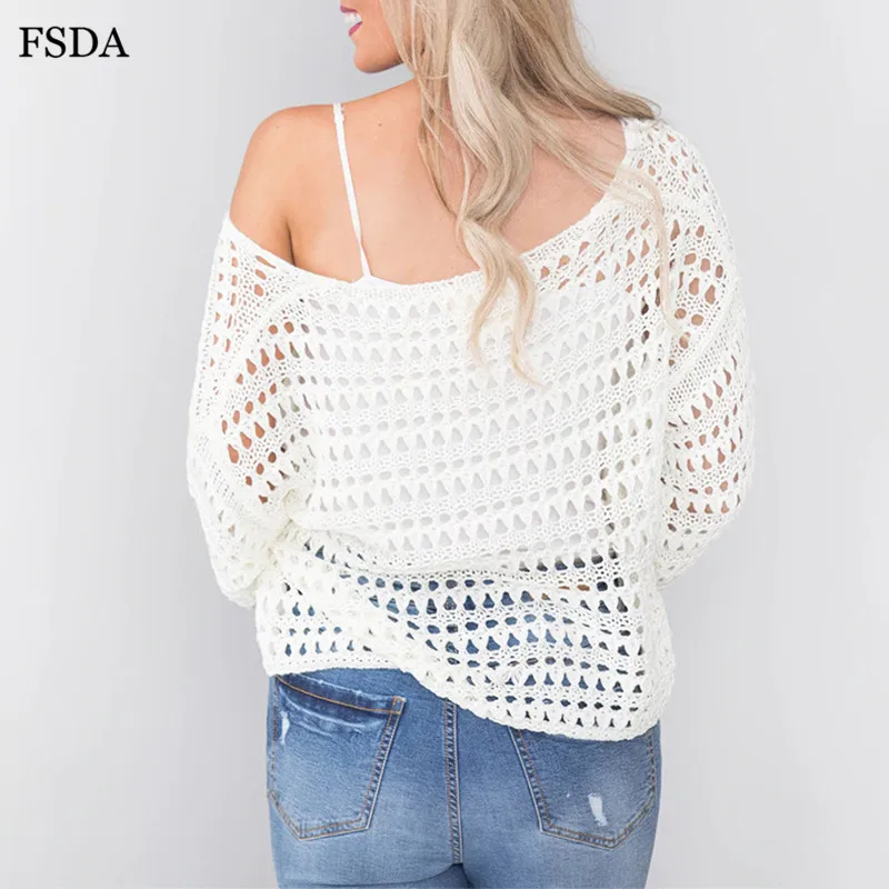 Женская ажурная блузка FSDA белый вязаный свитер с круглым вырезом и длинными