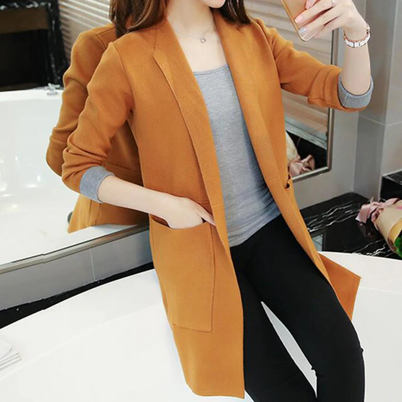 Женский длинный свитер Свободный Вязаный Кардиган с длинным рукавом на осень и