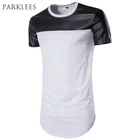 Футболка мужская удлиненная из искусственной кожи, Повседневная модная рубашка с короткими рукавами в стиле хип-хоп, лето 2017