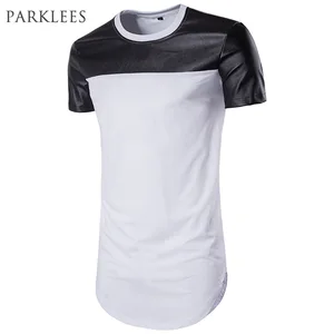 Футболка мужская удлиненная из искусственной кожи, Повседневная модная рубашка с короткими рукавами в стиле хип-хоп, лето 2017