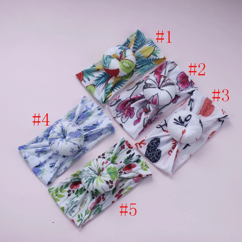 20pc/lot Floral Print Round Knot Nylon Headbands Kids Girls Bow Headband Children Donuts Wide Turban | Аксессуары для одежды