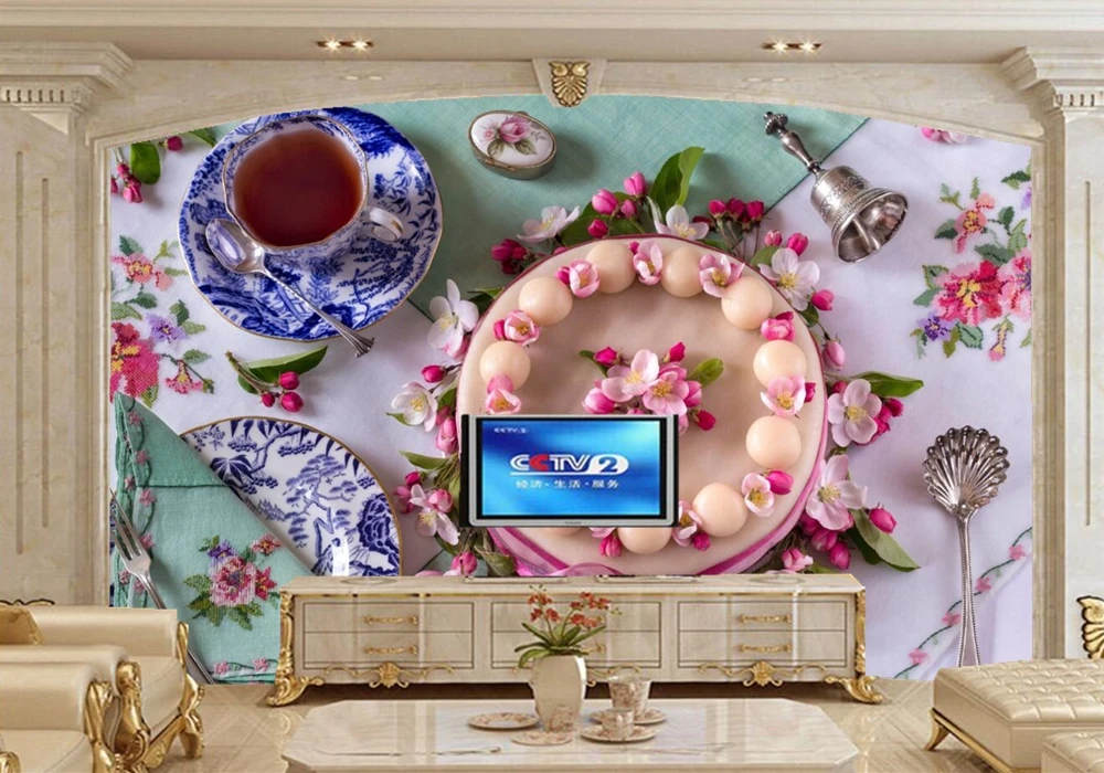 3D обои для тортов чайных чашек тарелок ложек еды гостиной телевизора дивана