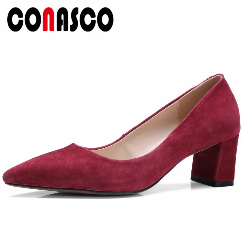 

CONASCO Elegant New Fashion Women Party Office Pumps Suede Leather Four Season Shallow Sexy Pointed Toe Square Heels Shoes Woman