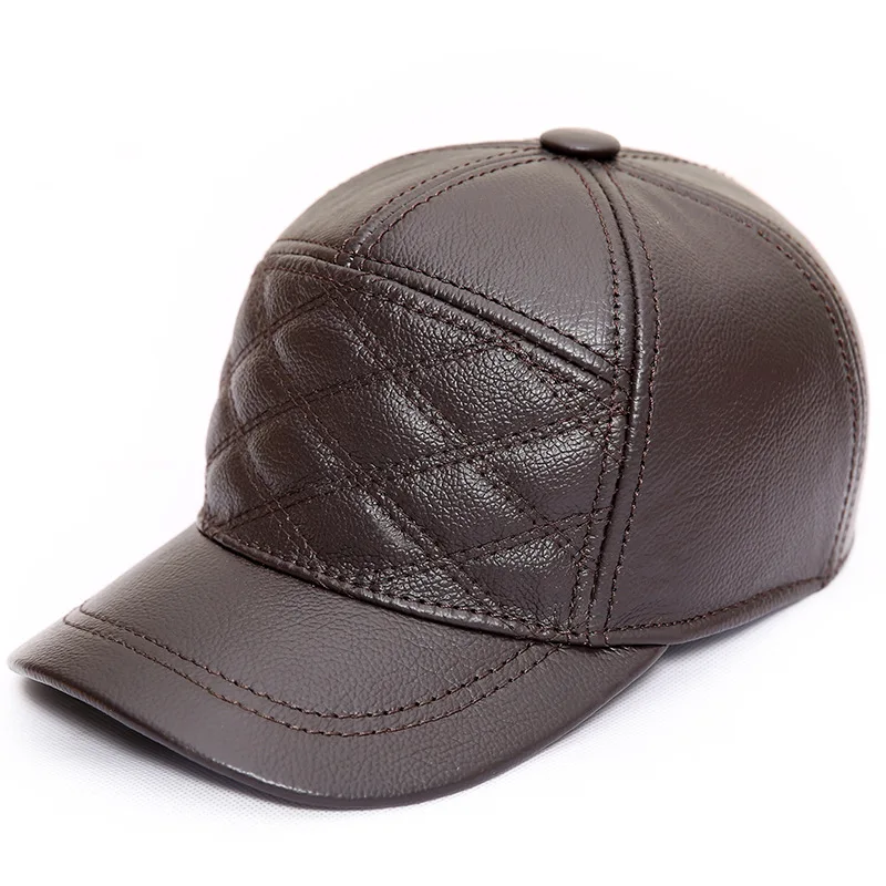 

Male Genuine Leather Hat Men's Autumn Winter Warm Baseball Cap Embroidered Ear Protection Hats Adjustable Baseball Cap B-8654