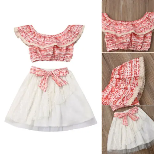 Летняя одежда для маленьких девочек футболка + кружевная юбка комплект одежды из