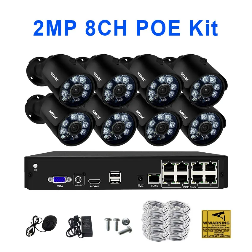2MP 8CH POE KIT Smar H.265 безопасности Камера Системы 8CH 4CH 1080P HDMI POE NVR Kit металлический 2MP IR уличная IP CCTV камера Камера P2P видео наблюдения - Цвет: 2MP 8CH POE KIT