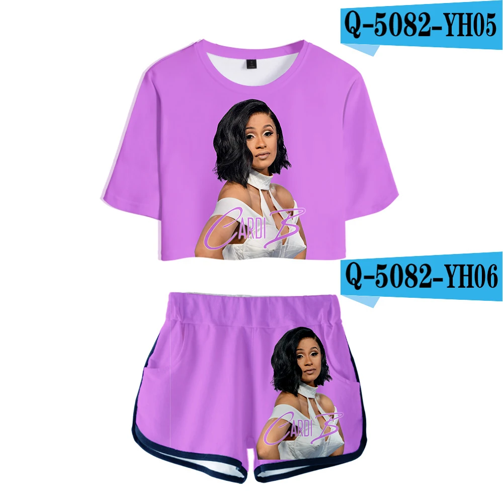 Q5082 Женская одежда, 2 предмета, женский розовый костюм Cardi B, футболка с 3D принтом, женский костюм, шорты, летний укороченный топ из 2 предметов, ансамбль женский - Цвет: Q5082