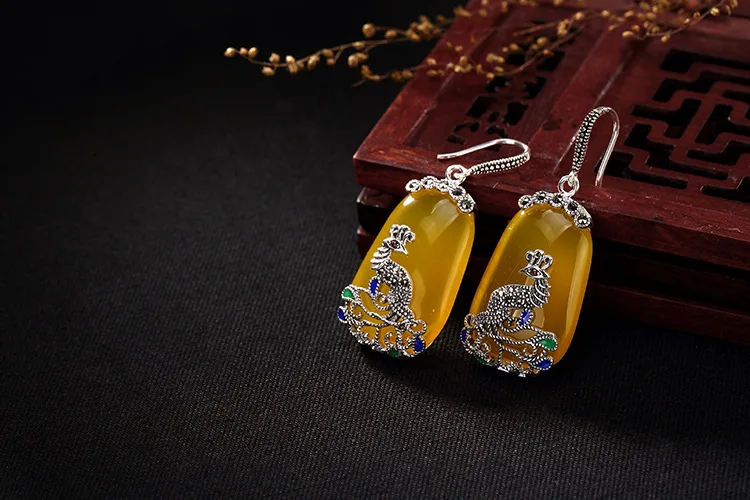Jinwateryu, 925 пробы, silve earringsr, для женщин, девочек, висячие серьги с желтым камнем, халцедон и кубический циркон, серьги
