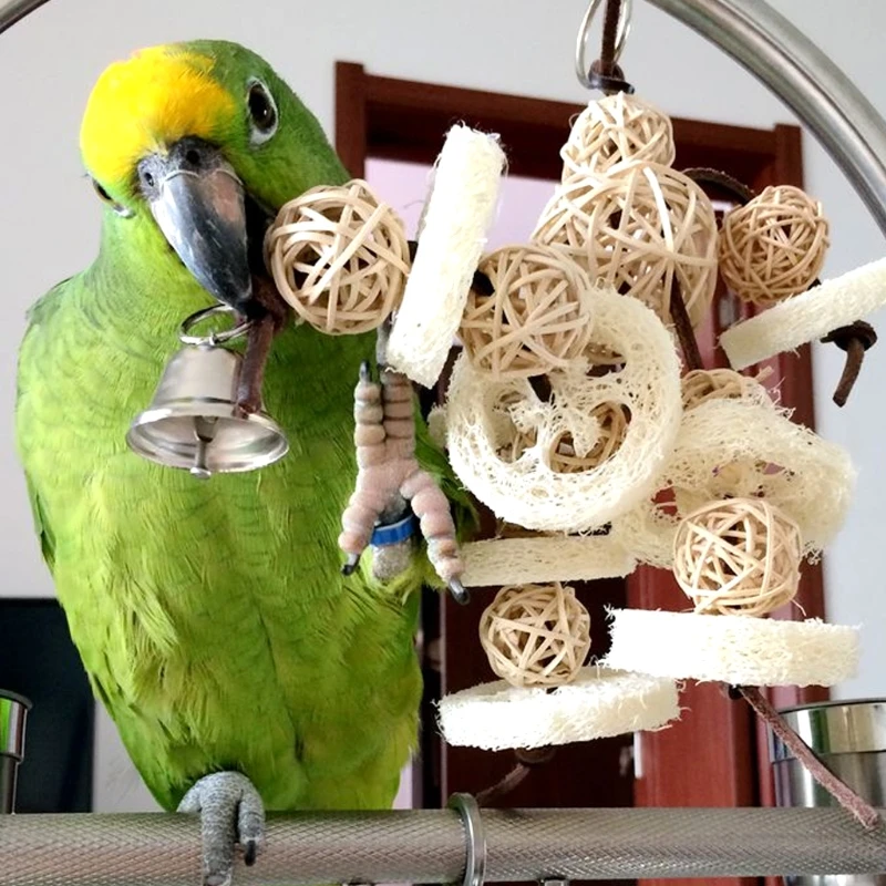 Birds Parrots Toys Handmade Chewing Bite Training Hanging Cage Rattan Balls Bell | Дом и сад