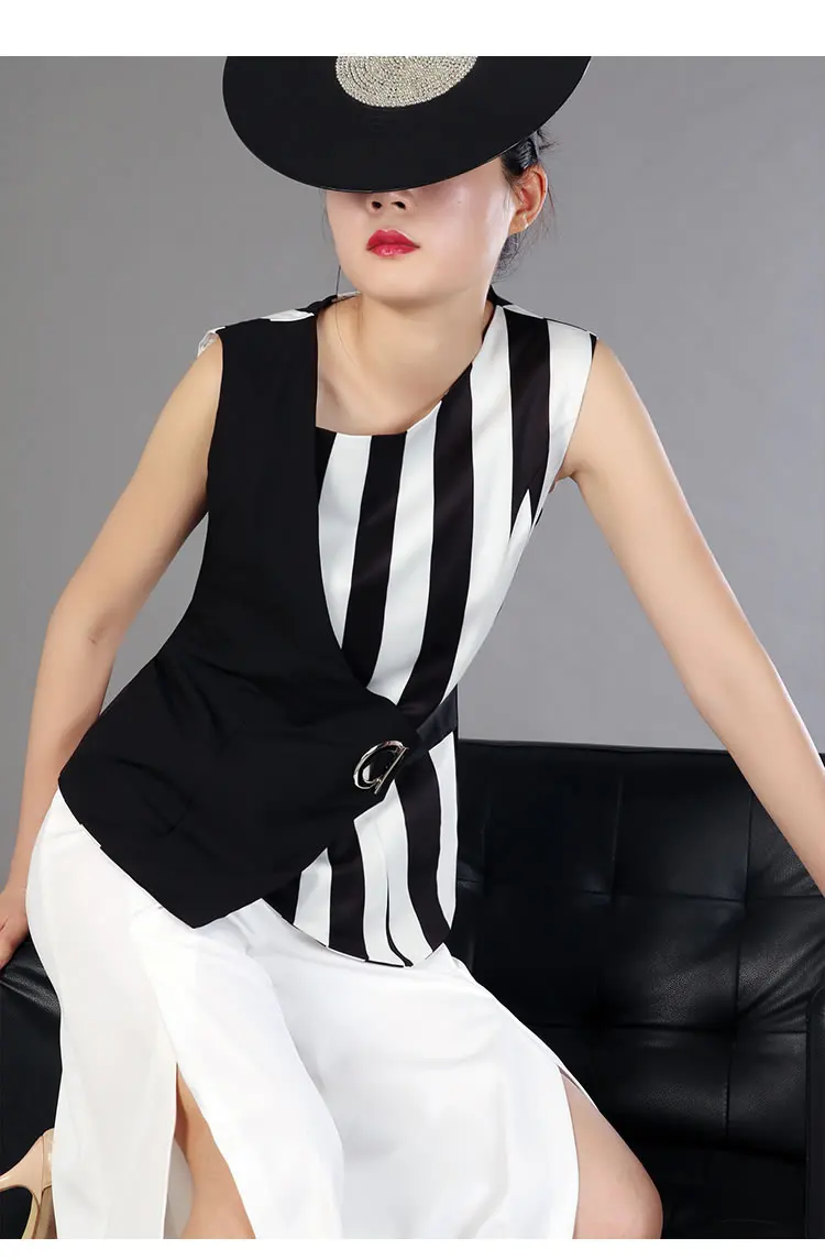 [XITAO] New Summer Europe Women Striped Patchwork Contrast Color Sleeveless Tops Female Irregular Collar Blouses KZH2019