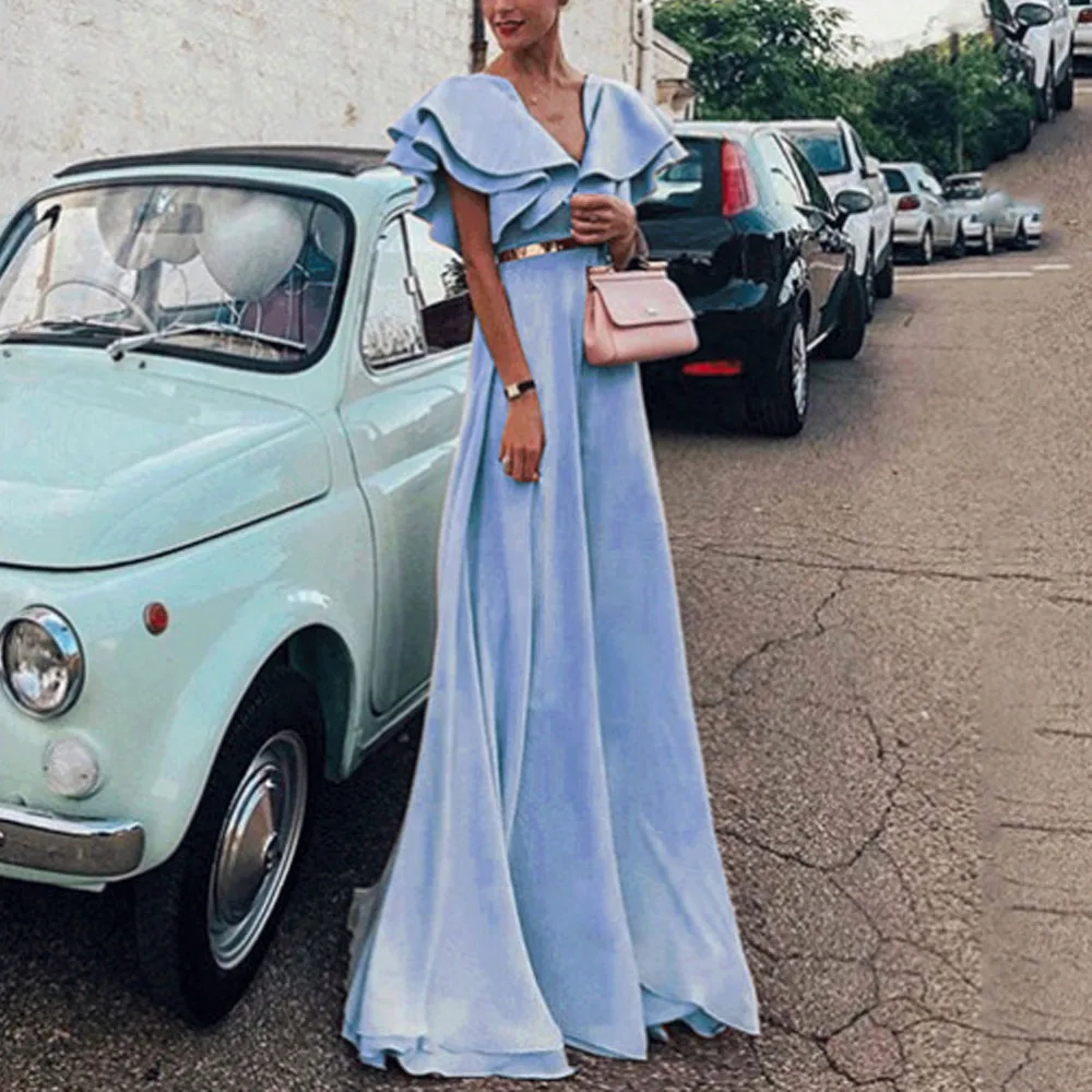 Plus Size 5XL High Quality Women Fashion 2019 Summer Ruffle Party Evening Long Style Dress Sexy V Neck Tunic Floor Length | Женская