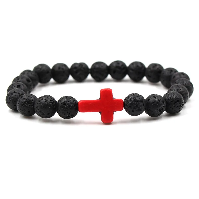 Cross green Beads Ornaments Lava Volcano Stone String 8mm For Men Women Romantic Charms Bracelet Strand Homme Male jewelry | Украшения и