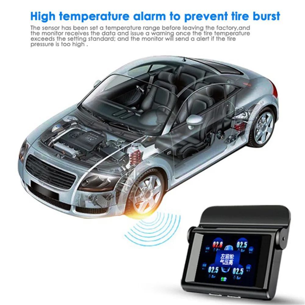Универсальная система контроля давления в автомобильных шинах TPMS, ЖК-дисплей, солнечная энергия, 4 внешних датчика, система автоматической сигнализации