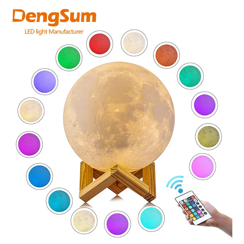 [DENGSUM]3DPrint Moon Lamp Rechargeable Remote control 16 ColorChange Touch Night Light Lunar Luna Baby Nightlight Christmasgift