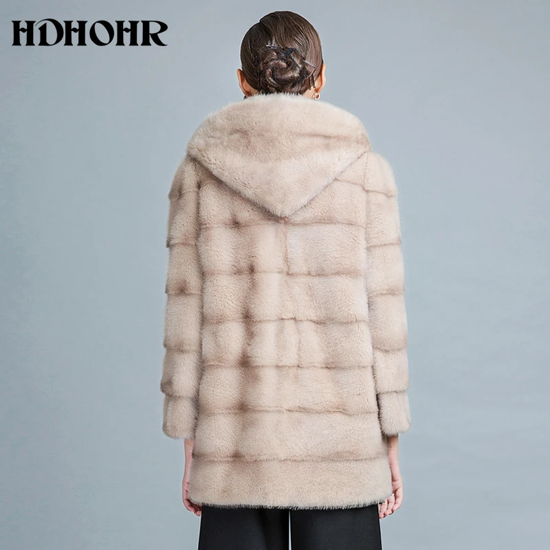 Женские шубы с капюшоном HDHOHR теплые из натурального меха норки длинным рукавом