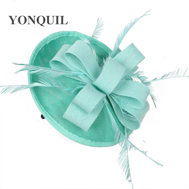 

Women ivory Bridal Wedding Hats Fancy Imitation Sinamay Fascinator Hats Kentucky Derby Cocktail Hat With Feather Multiple Colors