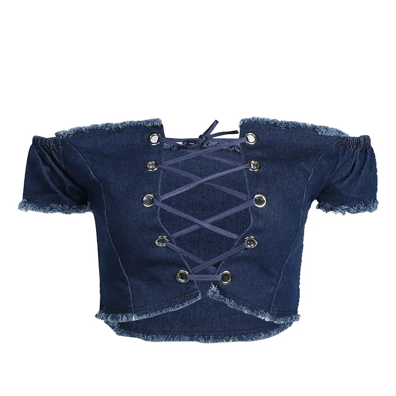 2017 Лето Женщины Slash Шеи Denim Топы Футболка С Коротким рукава Sexy Глубокий V-образным