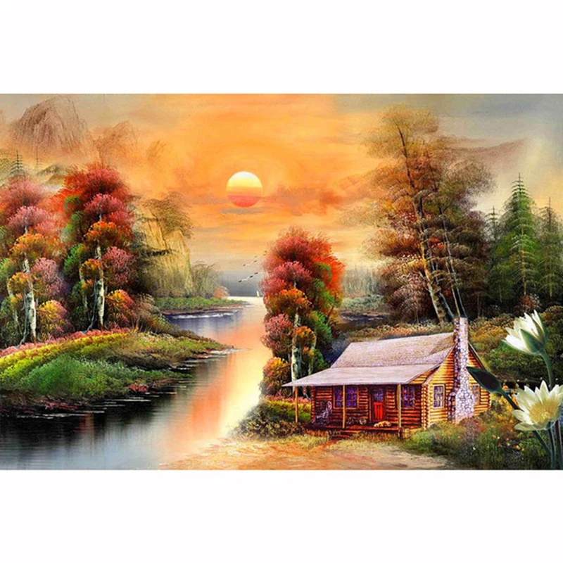 YIKELA 5D Diamond Painting Full Square Drill Sunrise Village Pictures Scenery Embroidery Cross Stitch Mosaic Gift | Дом и сад