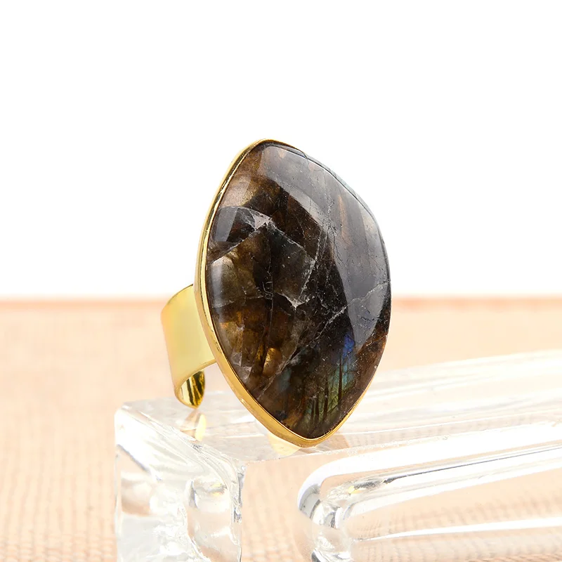 BELLA. TIME регулируемый натуральный камень лабрадорит Золотые открытые кольца для