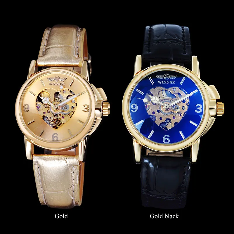 Женские автоматические механические часы WINNER наручные в форме сердца с кожаным