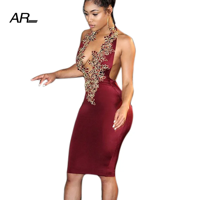 AR пикантные обтягивающие Платья для женщин летние Для спинки Холтер Вышивка
