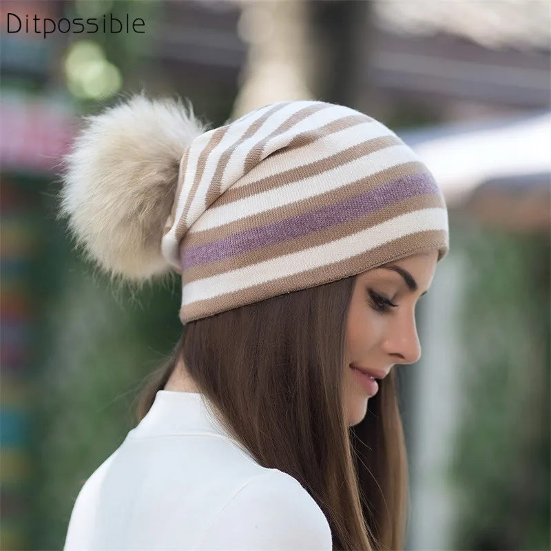 

Ditpossible double layers warm beanie hats for women girls skullies real fur pompoms hat