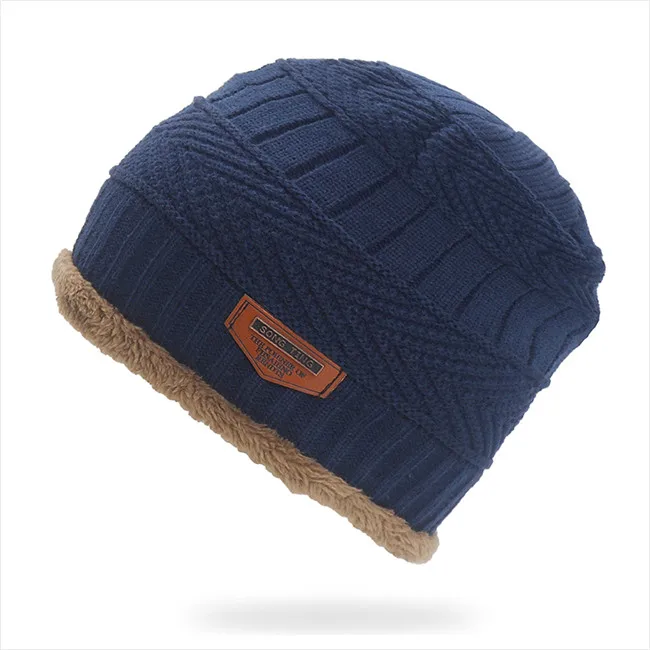 Navy blue Модная шапка Gorros головные уборы для мужчин и женщин Толстая зимняя шапка мужская вязаная шапка теплая Skullies& Beanies с бархатом - Цвет: Navy blue