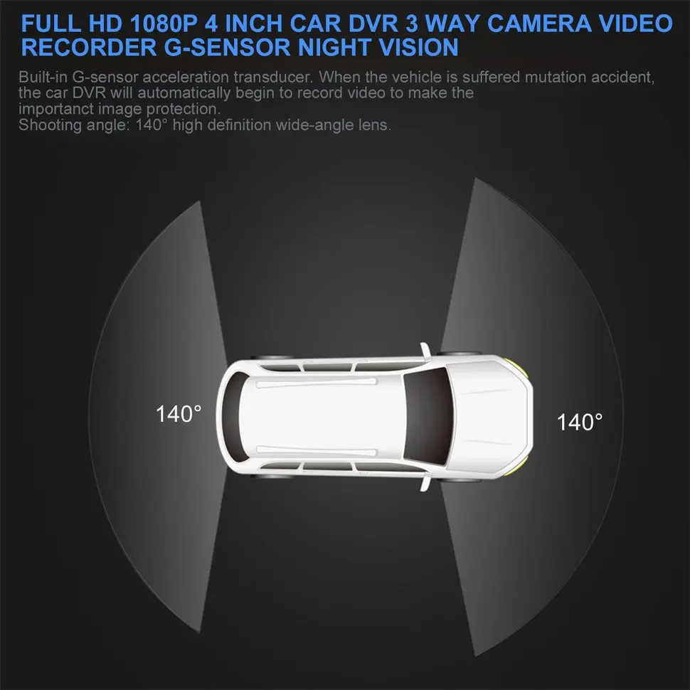 Full HD 1080 P 4 дюйма Видеорегистраторы для автомобилей 3 Way Камера видео Регистраторы