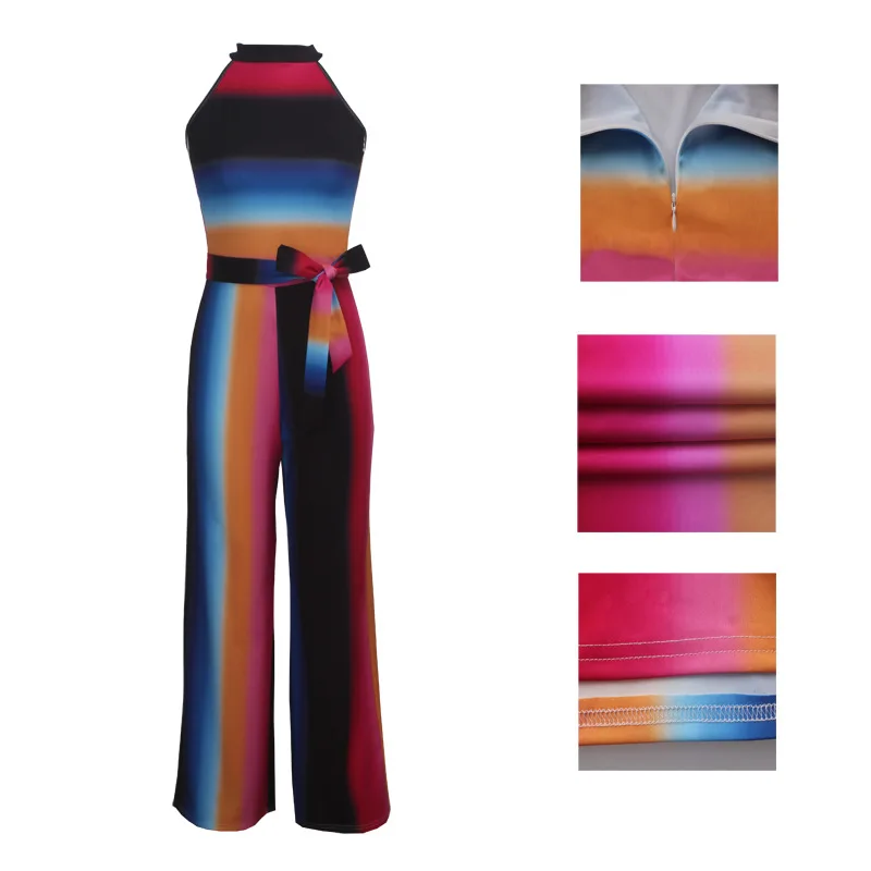 

HAOOHU Women Summer Sleeveless Rainbow Striped Print High Waist Sashes Wide Leg Jumpsuit Club Party Romper Playsuit Plus Size