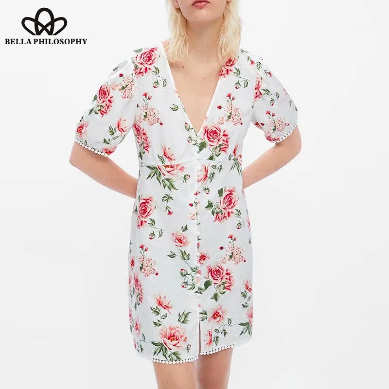Summer Print Floral Mini Dress Vintage Short Sleeve Female Sexy Boho Casual Holiday Lady V-Neck heydress Store | Женская одежда