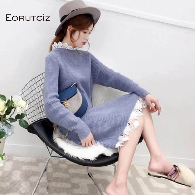 Женское кружевное платье средней длины EORUTCIZ вязаное длинное базовое с высоким