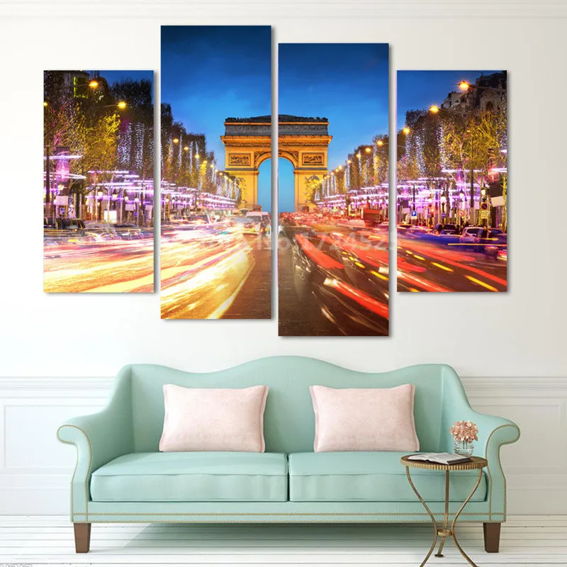 4 шт. Ночной пейзаж Триумфальной арки в Париже Настенная картина Современный