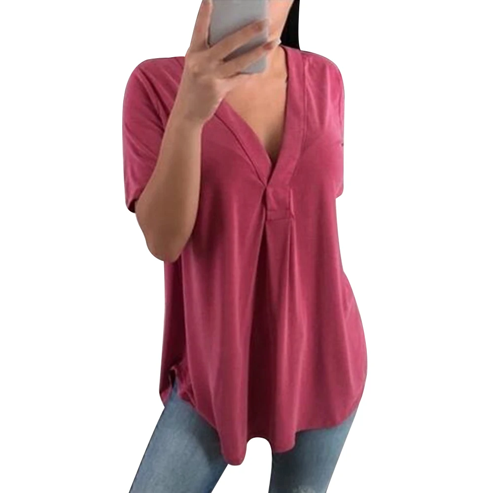 Летняя футболка с v образным вырезом и коротким рукавом Повседневная Свободная