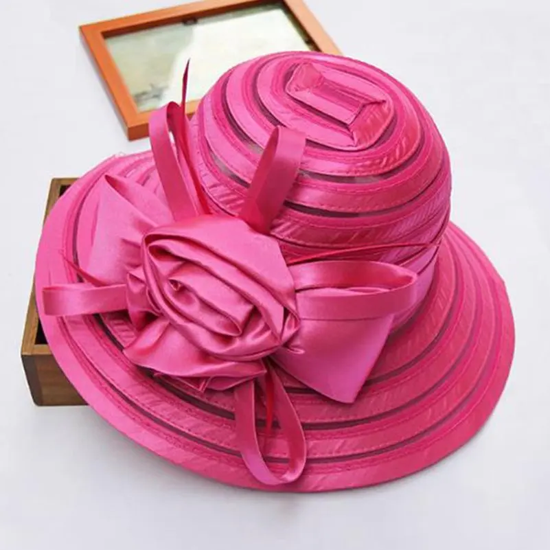Rose Red Новые модные женские летние шляпы из органзы с широкими полями и большим цветком, Шляпа Fedora, элегантный свадебный церковный вечерние шляпы - Цвет: Rose Red