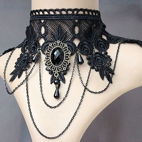 Women Vintage Gothic Black Rhinestone Lace Layered Chain Collar Necklace Choker | Украшения и аксессуары