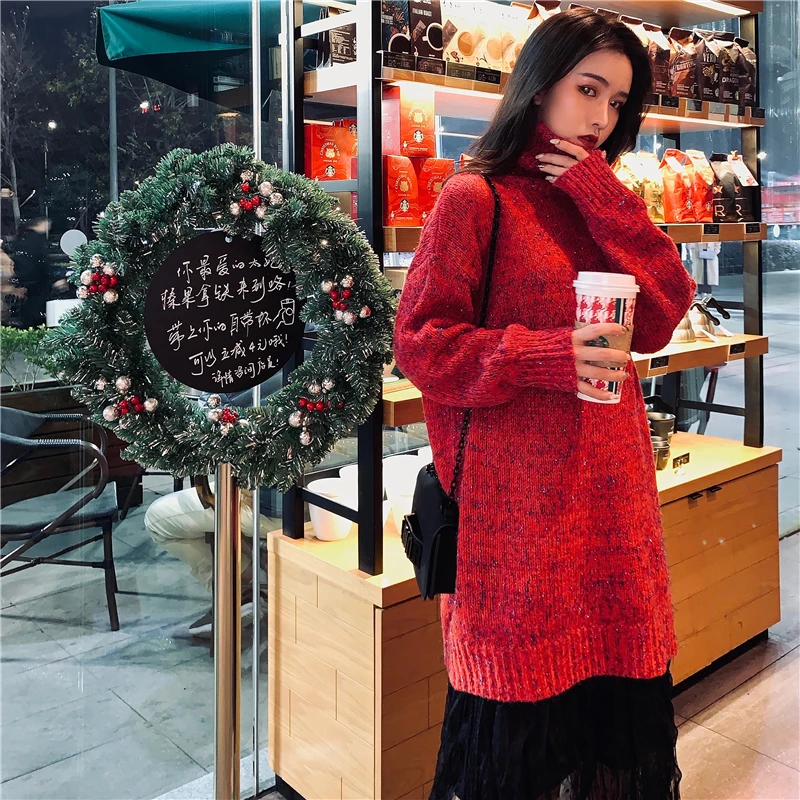 Sweater autumn and winter women's new fashion wild red turtleneck sweater female loose hood long tops | Женская одежда