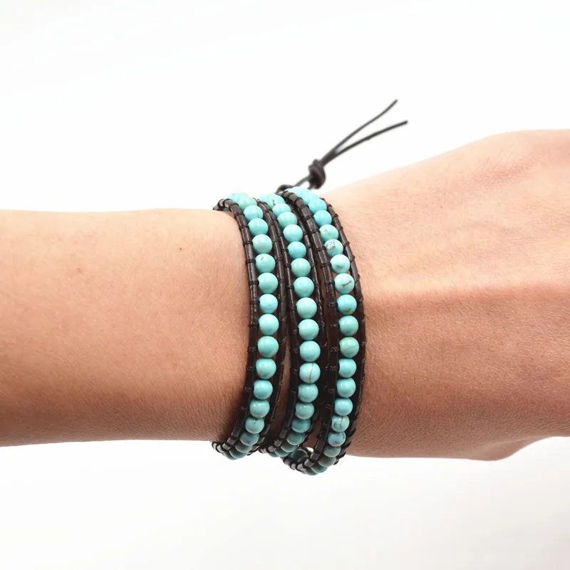 Women Boho Bracelet Vintage Leather Wrap Semi Precious Stone Beaded Cuff Girl's Gift Dropship | Украшения и аксессуары