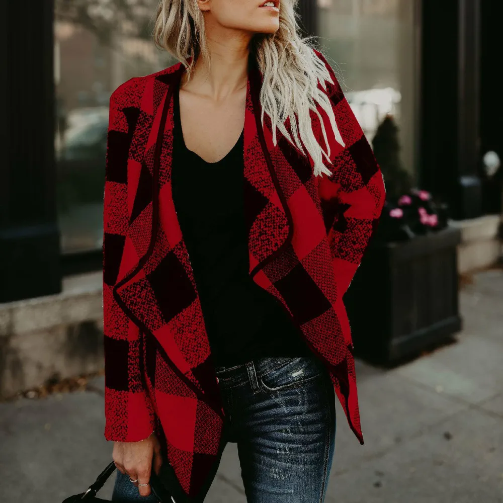 Autumn Knitted Sweaters Long Sleeve Plaid Pattern Cardigan Women Casual Outwear Warm Feminine Loose Cardigans |