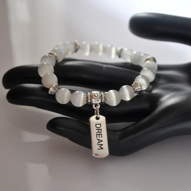 Женский браслет с бусинами из натурального опала 8 мм винтажный посеребренный на