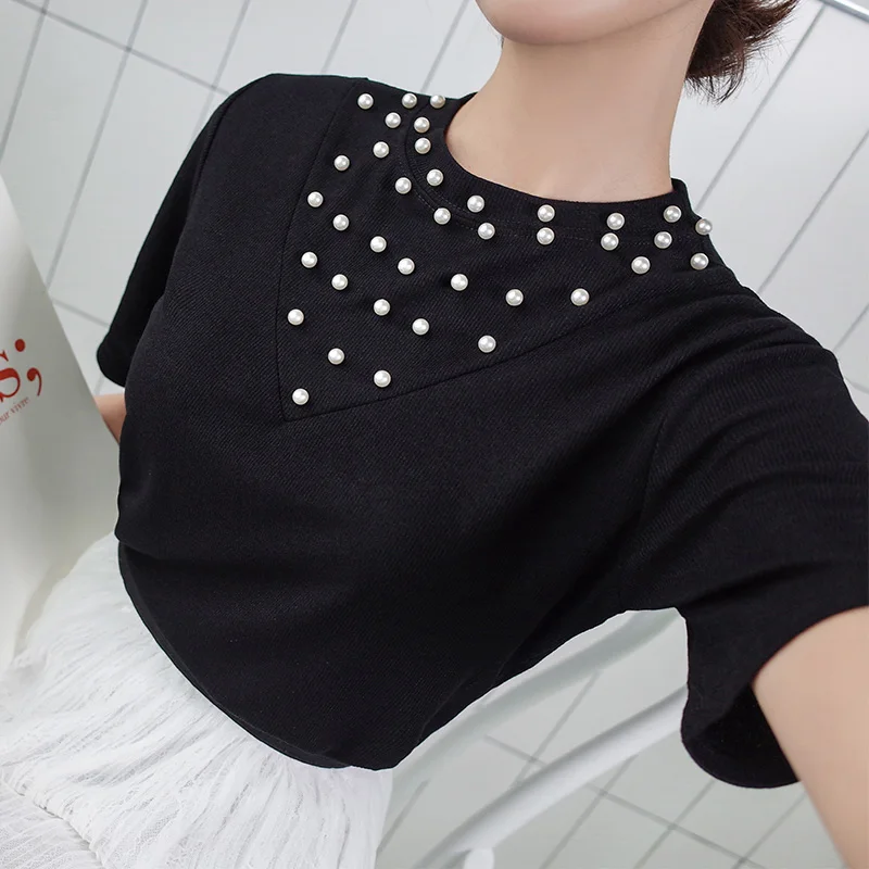 2018 футболки Для женщин Бисер летняя футболка Женские Модные Топы Camiseta v образным