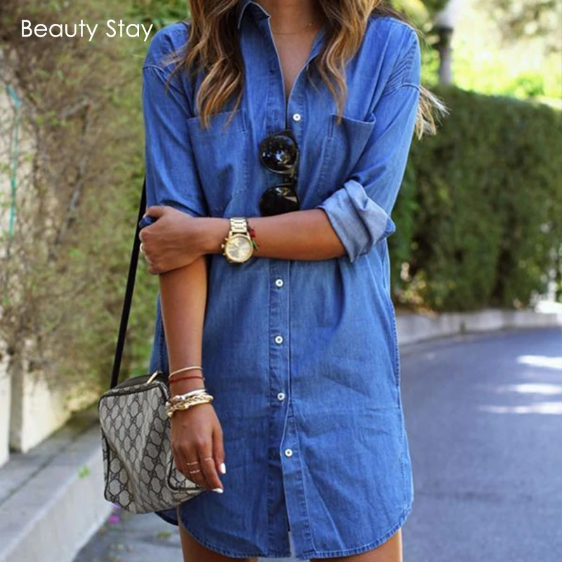 Женское джинсовое платье рубашка с длинным рукавом на пуговицах|autumn fashion|women denim