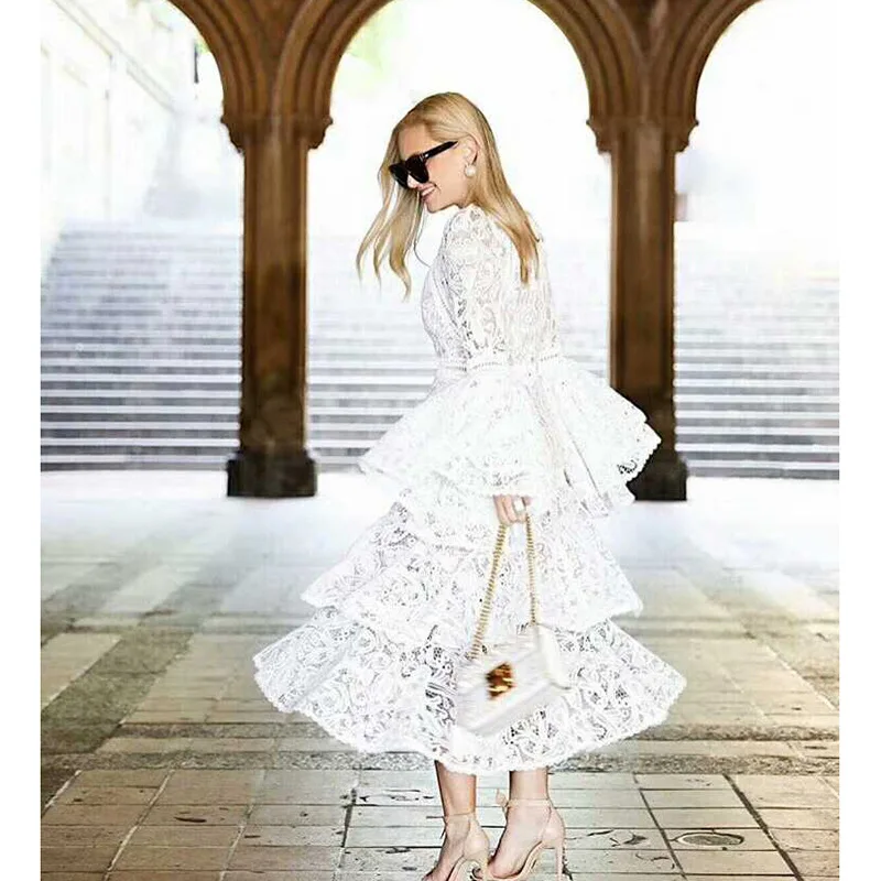 

Elegant New Fashion 2019 Designer Runway Dress Women's Flare Sleeve Cascading Ruffles Lace Dress for Holiday