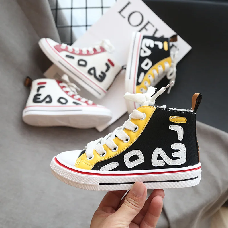 Children's canvas shoes boys 2019 autumn new color matching children's girls side zipper high help | Детская одежда и