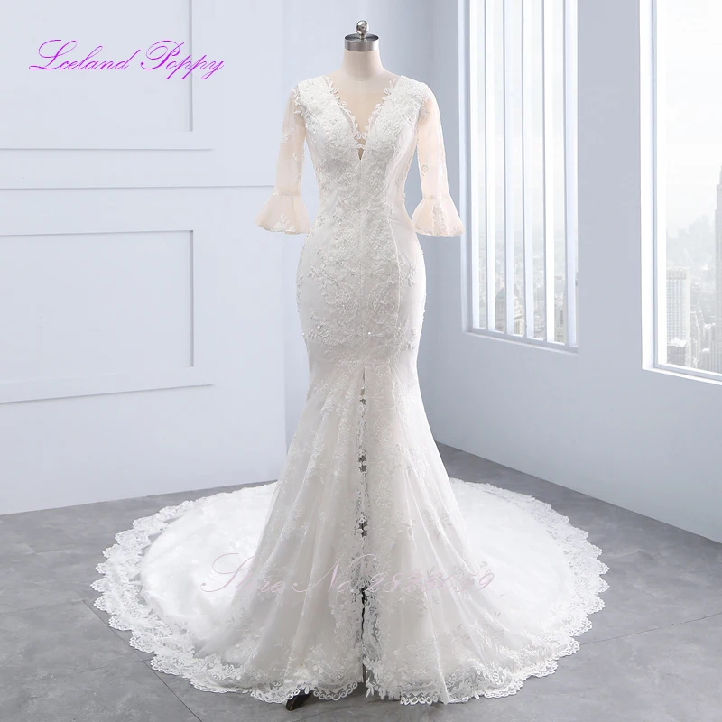 

Women's Mermaid Lace Appliques Wedding Dresses Half Sleeves Crystal Beaded Cathedral Train Vestido de novia Bridal Gowns