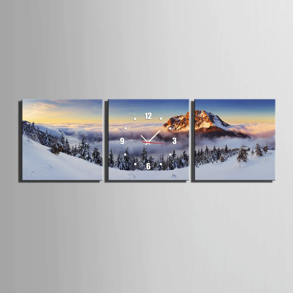 

Free Shipping E-HOME Snow Mountain Scenery Clock in Canvas 3pcs wall clock