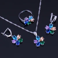 gleaming flower multigem multicolor cubic zirconia silver plated jewelry sets earrings pendant chain ring v0256