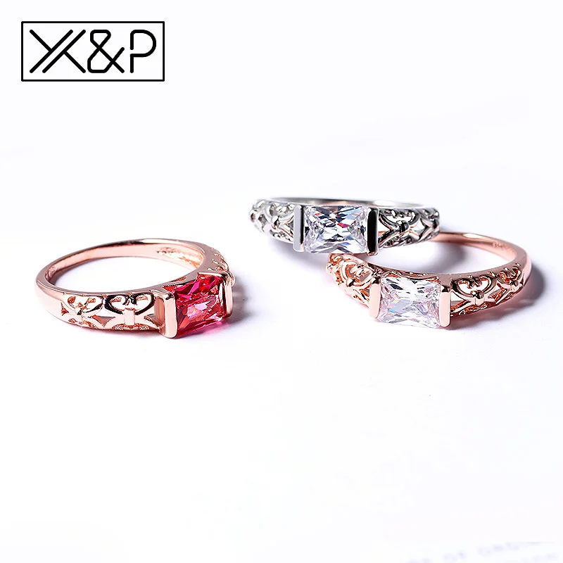 X&P Cute Rose Gold Silver Big Red White Crystal Rings for Women Engagement Wedding Fashion Cubic Zirconia Women Ring Jewelry