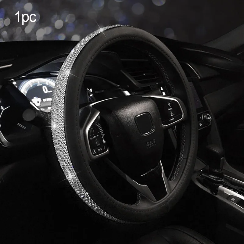 Алмазные Стразы Кристалл Чехол рулевого колеса автомобиля Авто Ремень безопасности обивка шестерни наплечный чехол крышка рулевого колеса аксессуары - Название цвета: Steering wheel cover