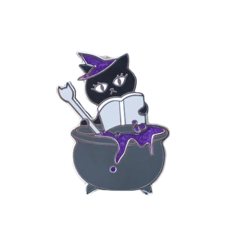 Witch cat pin funny reading book brooch magic potion cauldron badge literary wizardry jewelry cute decor | Дом и сад