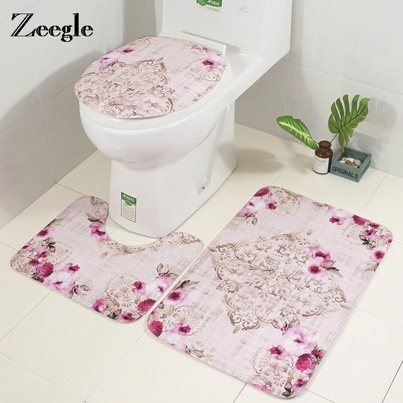 

Коврик для ванной Zeegle с цветочным рисунком, Нескользящие коврики для ванной комнаты, чехол для сиденья унитаза, Впитывающий Коврик для ванн...